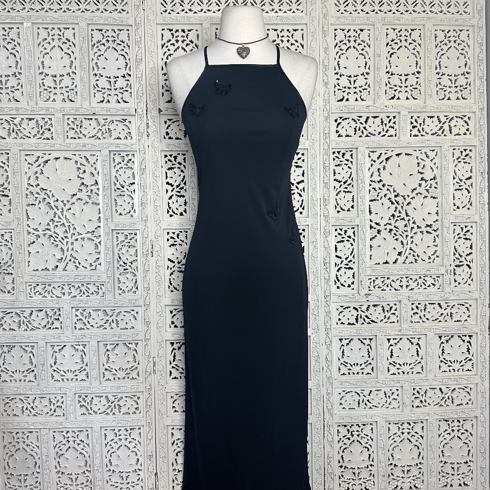 Vtg 90's City Triangles Black Slip Style Formal Dress With Beaded Sequin Dress